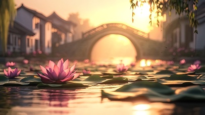 秋日唯美水乡荷塘落日