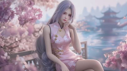 眨眼动态-湖边桃花美女