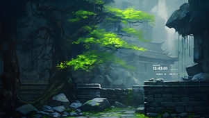 山水墨色绿叶