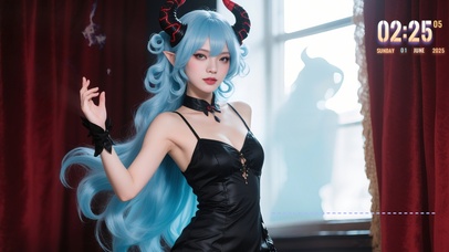 浅蓝发女孩cos恶魔角魅惑炫酷