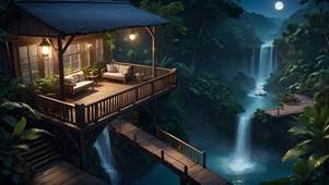 桥边瀑布小屋