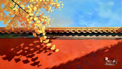 唯美油画红墙银杏