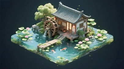 水车荷塘锦鲤小屋