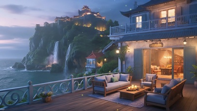 海边瀑布城堡小屋