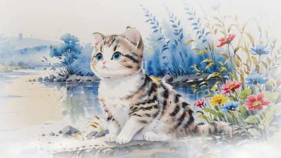 4K水彩水墨在河边的猫咪