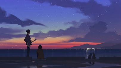 唯美治愈夕阳动漫情侣赏风景