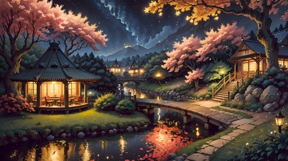 唯美小桥溪边小屋夜景