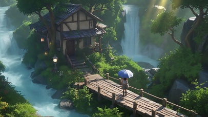 森林中的桥边瀑布小屋