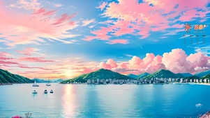 粉色夕阳海