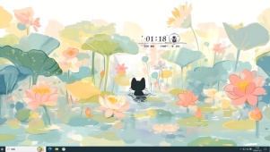 溪流荷塘黑猫