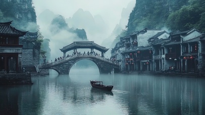 朦胧阴雨古镇水乡风景