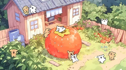 秋天柿子线条狗