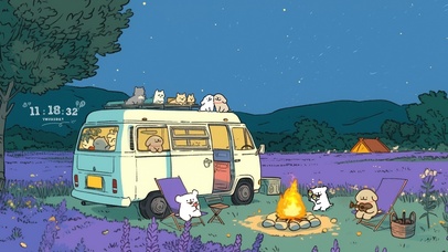 线条小狗篝火露营