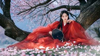 唯美桃花树下红衣美女