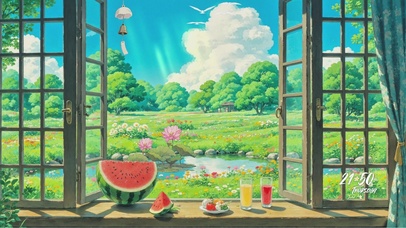 夏日窗边田园清新风景图