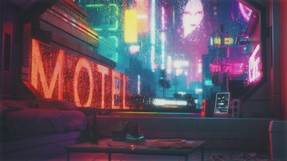 4K赛博朋克霓虹城市雨夜房间