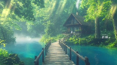 木桥溪流森林木屋