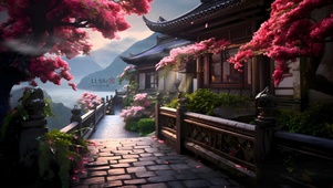 古风庭院落花	