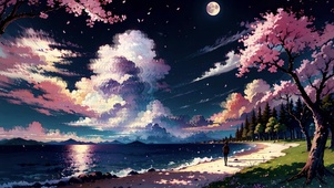 月夜海边樱花