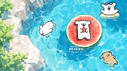 线条小狗西瓜泳池派对