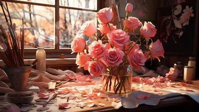 4K阳光午后窗台粉红玫瑰