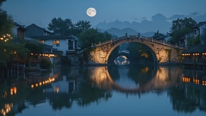 古镇夜景浪漫圆月中秋月亮