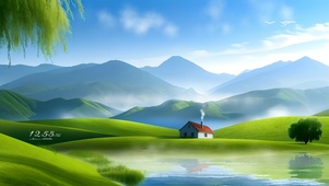 蓝天房子草地湖泊