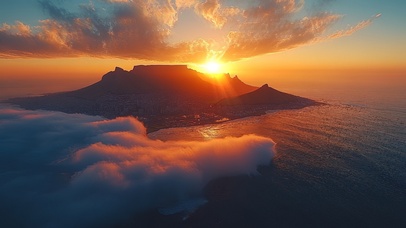 俯瞰落日云海下的海边城市