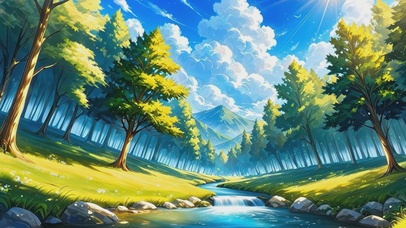 蓝天下树林和中间正向小溪-4k