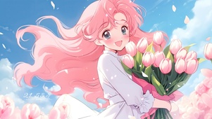 治愈捧花粉发女孩
