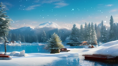 冬日湖边小船雪山