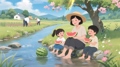 夏日河流边吃西瓜