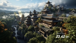 4K云顶天宫蓝天白云山顶楼阁