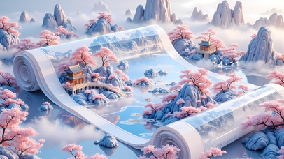 创意画轴樱花山水