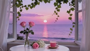 浪漫窗边大海落日