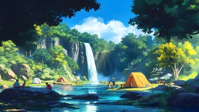 瀑布边露营