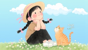 可爱少女和猫