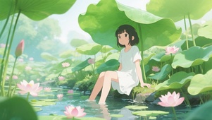 荷叶下躲雨的女孩