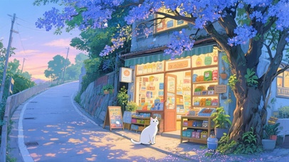 杂货铺前的白猫