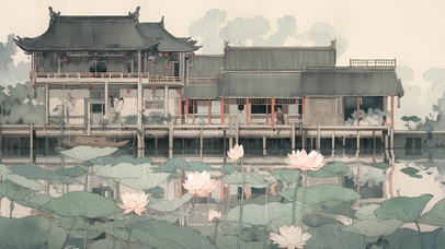 雨中荷花，国画