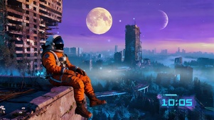 废墟上赏月的太空人