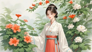 绿色护眼古风美女手绘花朵插画6
