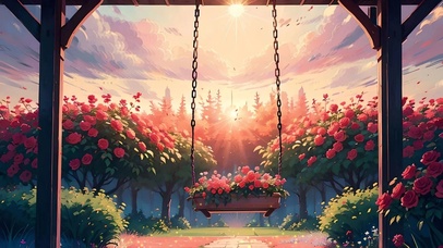 傍晚玫瑰花园中的秋千