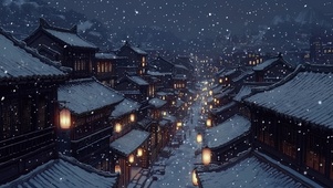 雪花纷飞古镇夜景