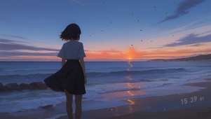 唯美夕阳海景孤独感少女