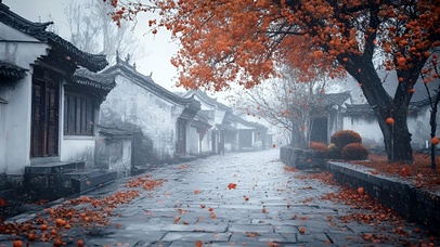 霜晨叶落，古巷秋深