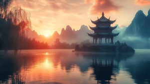 夕阳湖景