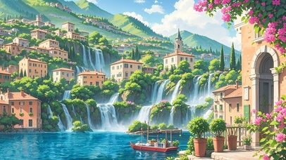 瀑布上的欧式小镇
