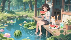 夏日荷塘小屋纳凉