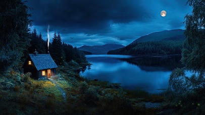 夜晚湖边小屋
